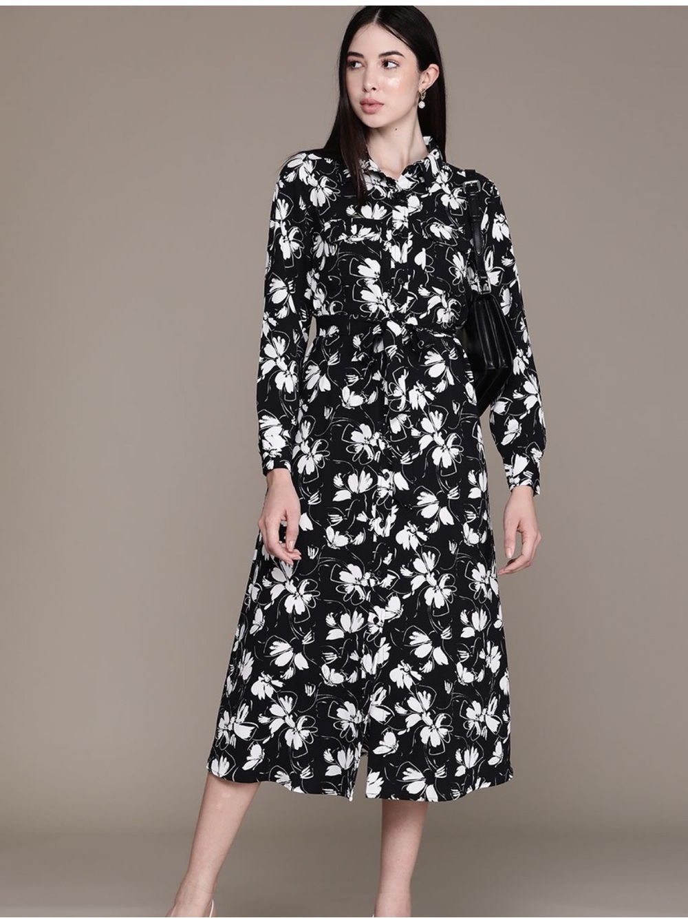 Alfani Black & White Floral Midi Shirt Dress Belted Pockets Career Dressy Medium